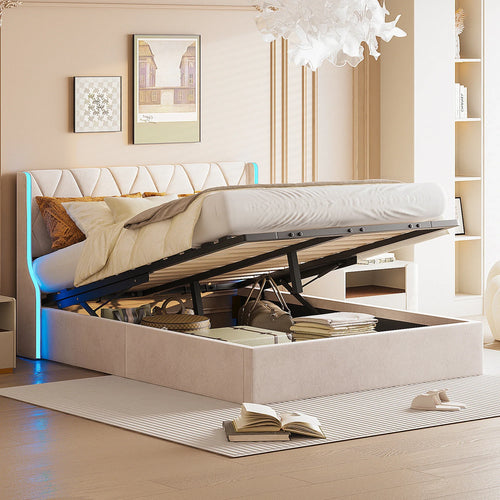 160x200 storage bed with slatted base, Bedside wing lights, Double bed，Hydraulic type, velvet fabric, beige - view 2