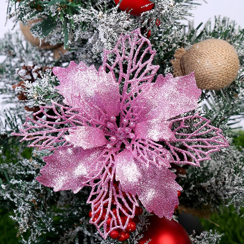 Hanging decoration glittery flower for Christmas tree - Pink 11cm