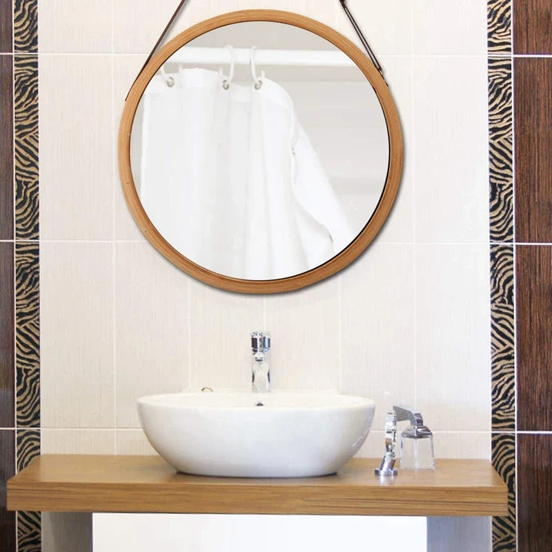 Round mirror suspended bamboo with adjustable leather strap - view 5