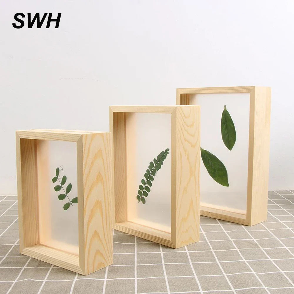 Vintage wooden and transparent plastic picture frame for interior decoration