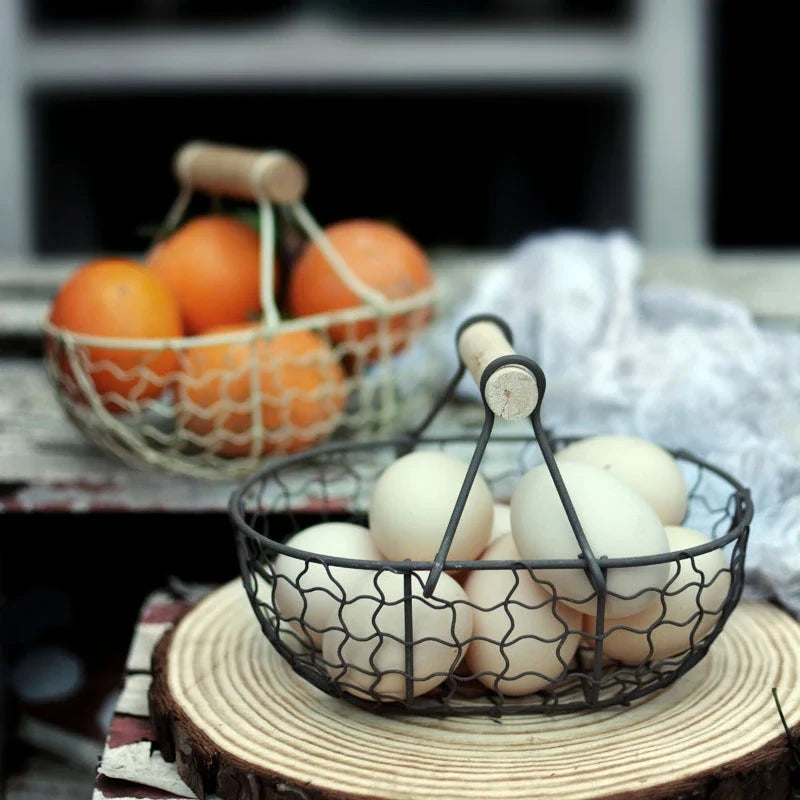 Retro metal basket with multifunction wooden handle for storage