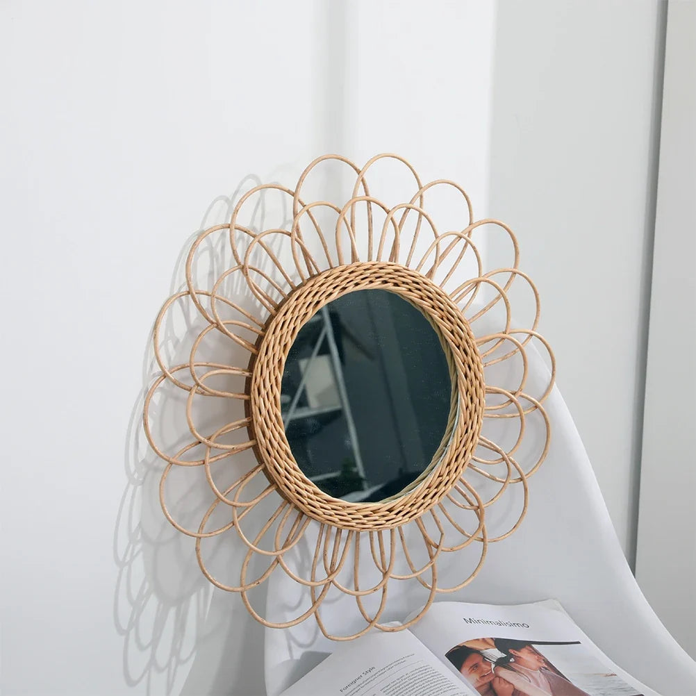 Hanging mirror in rotin decorative sunflower pattern boho