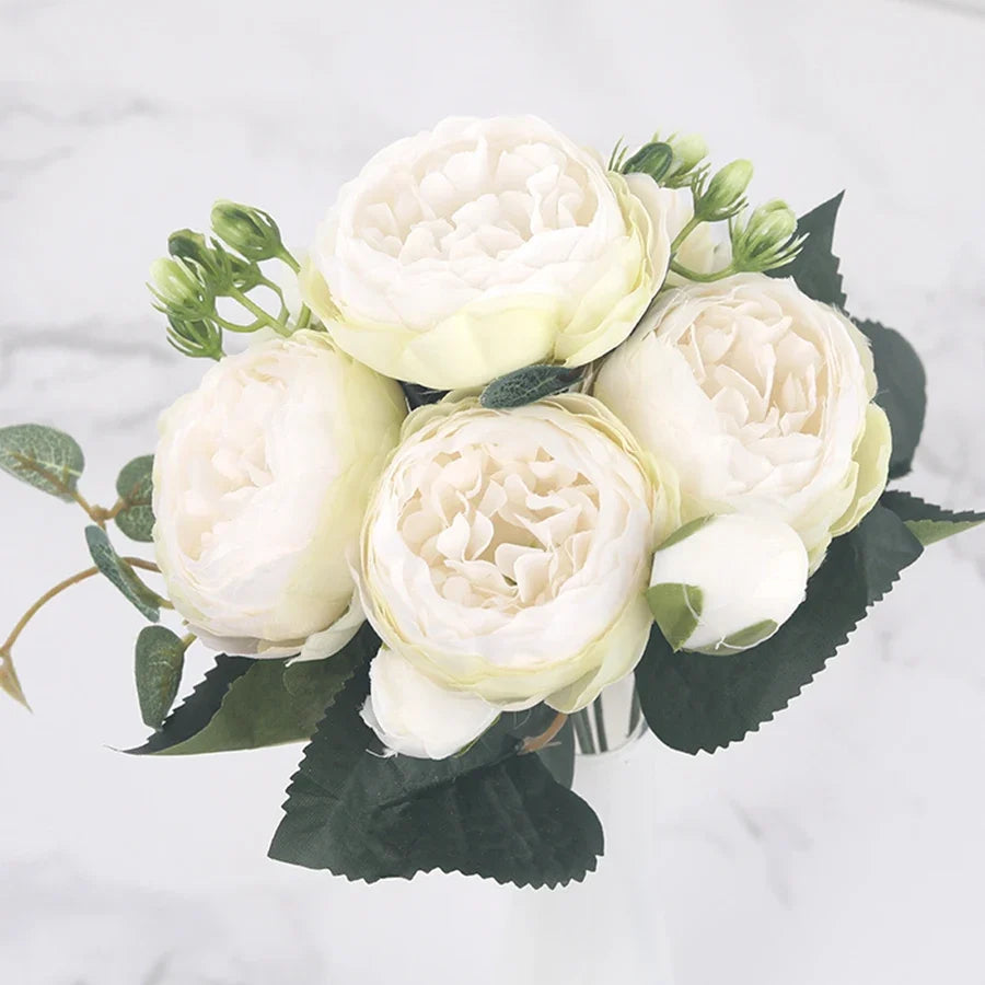 Bouquet of artificial flowers of silk peonies for interior decoration - White Green