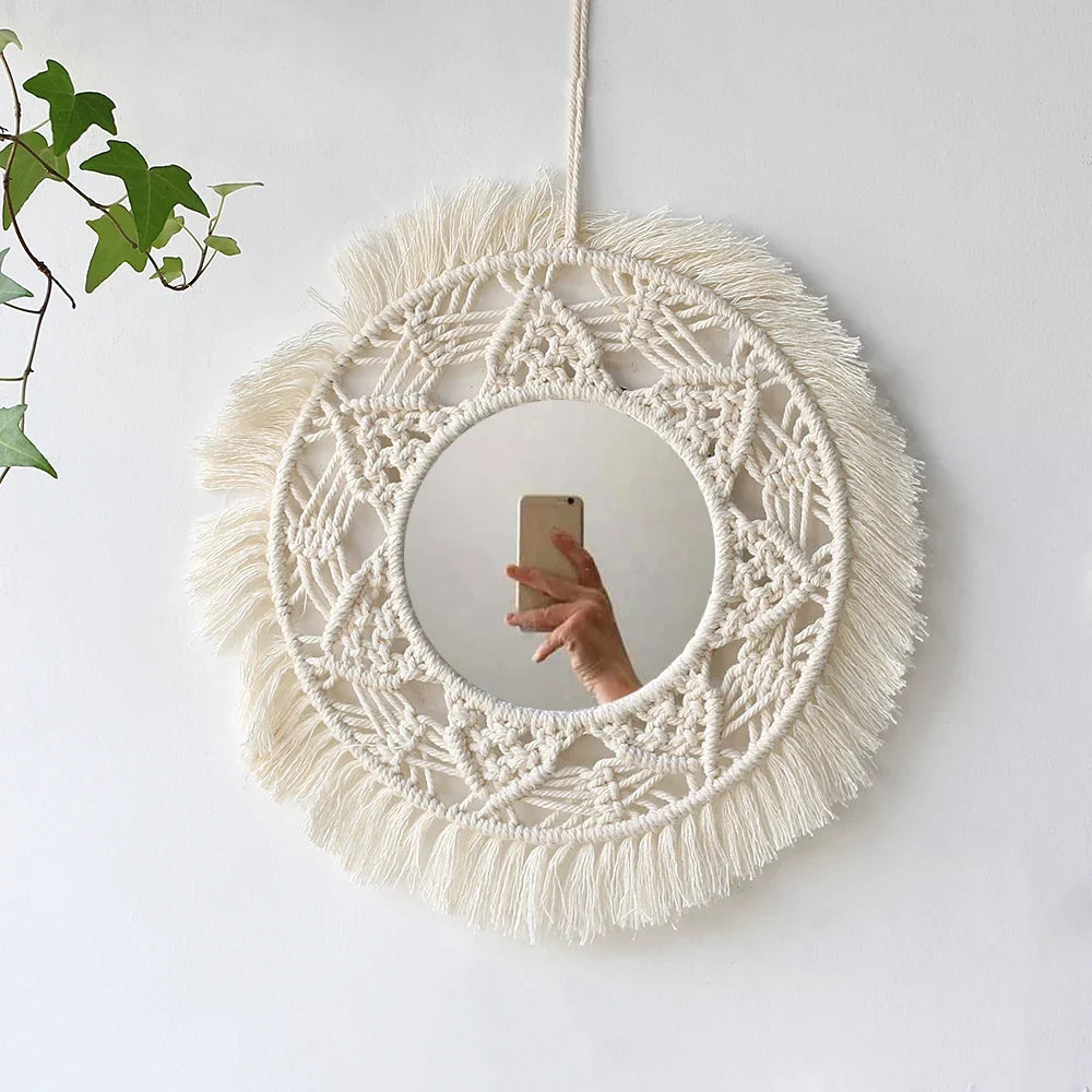 Bohemian Macrame Wall Mirror, Handwoven Cotton Rope - Miroir M0767