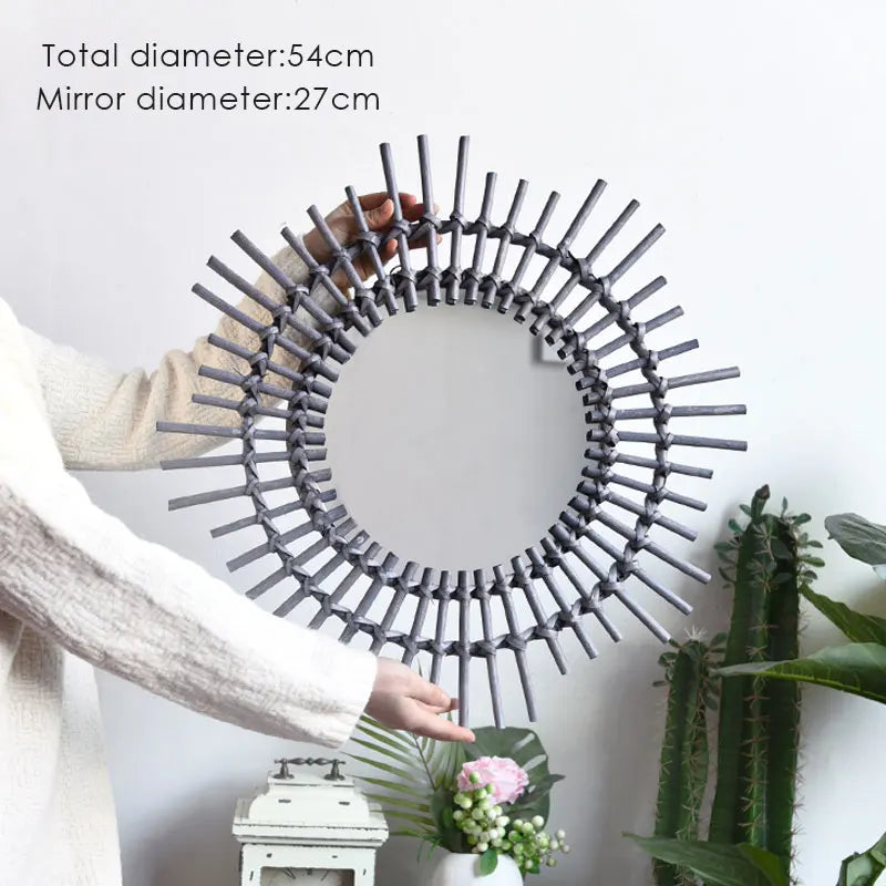 Sophisticated Japanese Hand-Woven Rattan Mirror - A Gray
