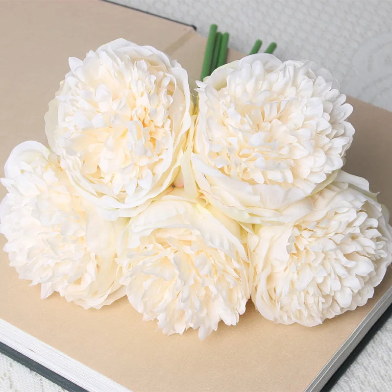 Bouquet of 5 artificial silk peonies for decoration - Mikky white
