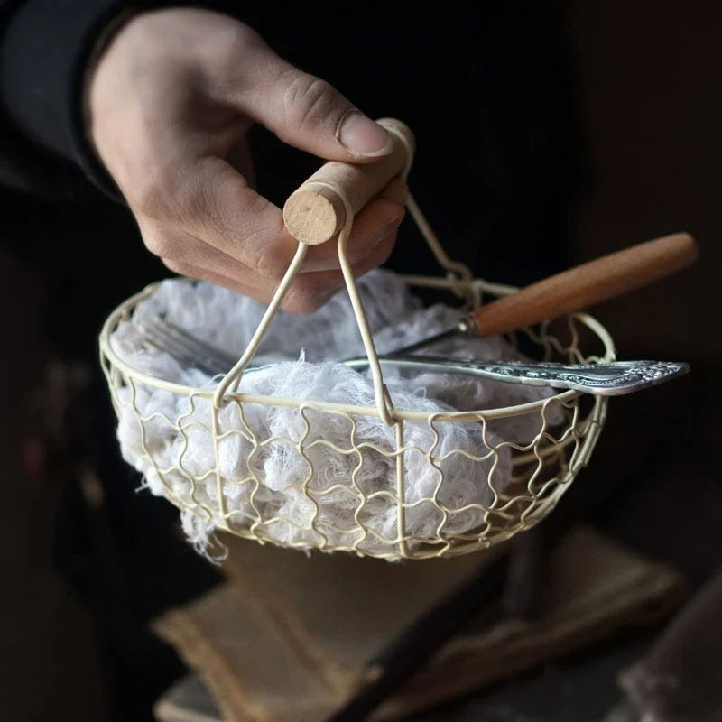 Retro metal basket with multifunction wooden handle for storage - view 4