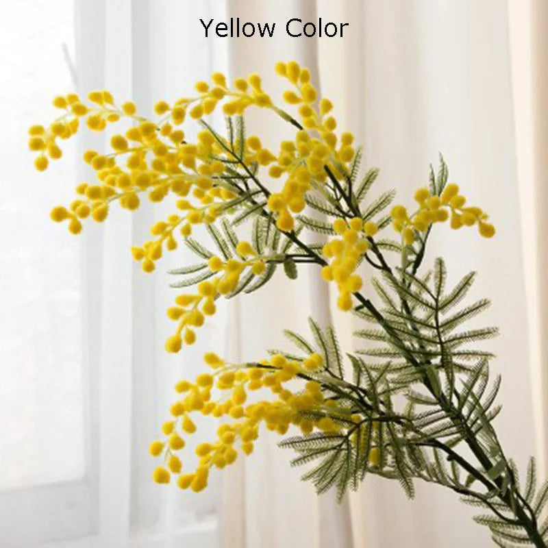 Artificial mimosa branch with tropical palm leaves - view 2