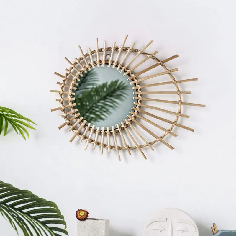 Artisanal Japanese Hand-Woven Rattan Mirror