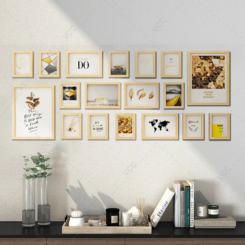 Set of 18 natural wooden photo frames to hang on the wall