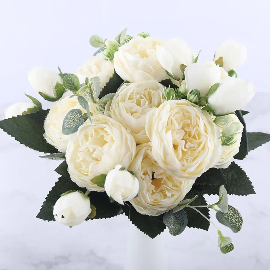 Bouquet of artificial flowers of silk peonies for interior decoration - White