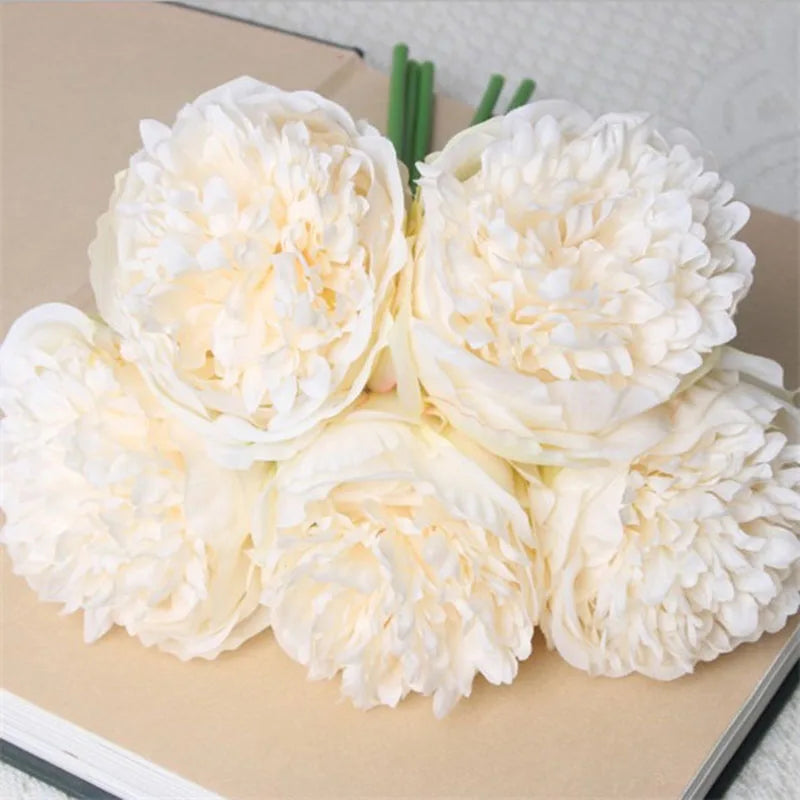 5 artificial peonies for wedding and interior decoration - Beige White