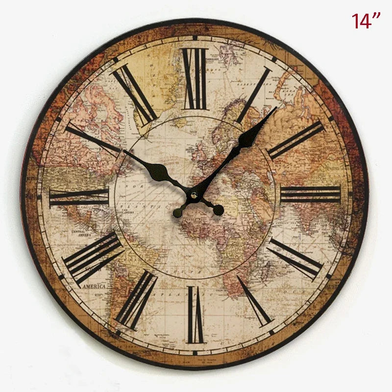 Vintage wall clock with decorative world map in wood