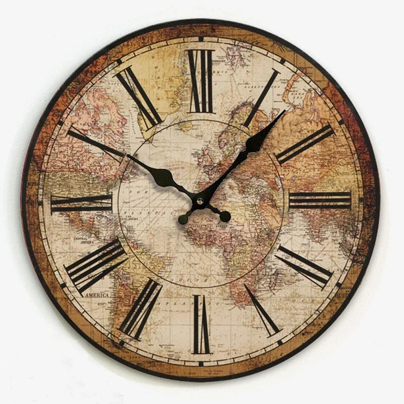 Vintage wall clock with decorative world map in wood - view 2