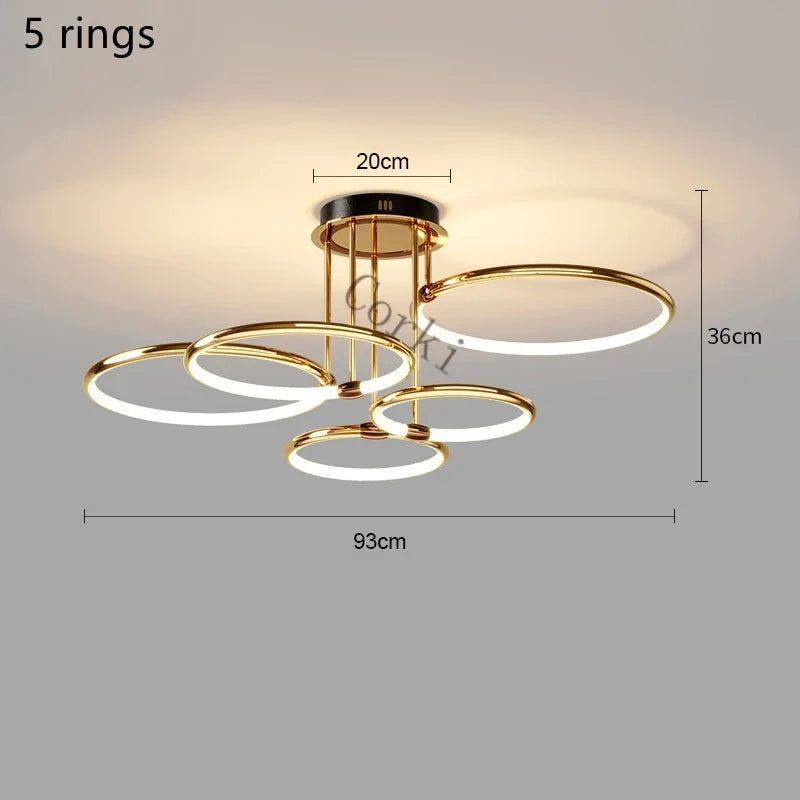 Postmodern led chandelier ring for modern Nordic decoration - Remote Dimming / 5 anneaux Diam.93cm