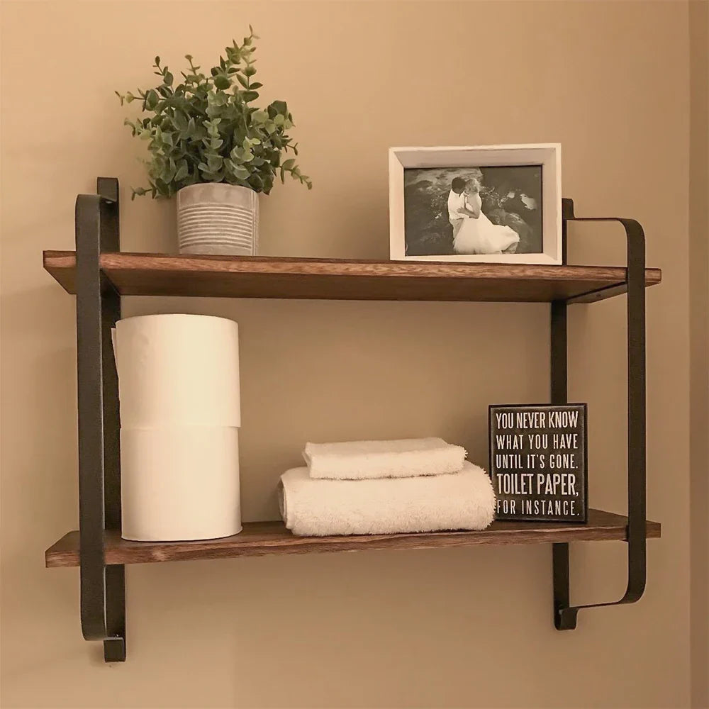 Floating wooden wall shelf for industrial storage - Brun