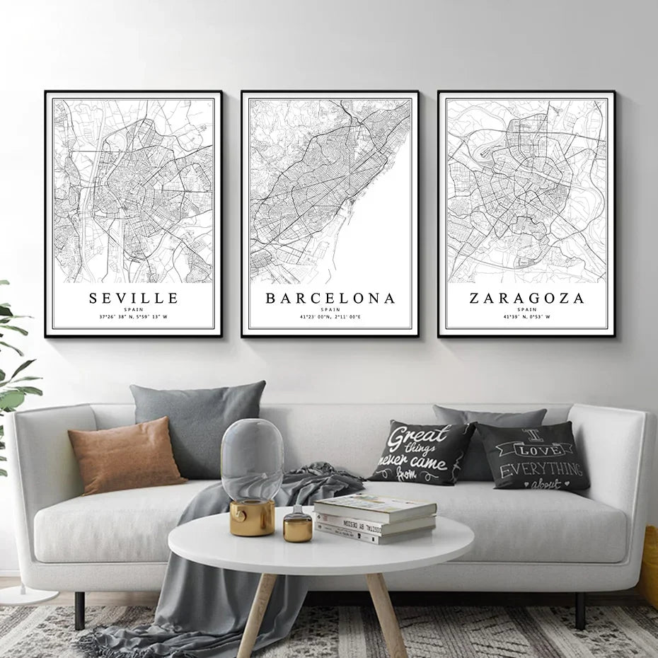 Artistic map of Spanish cities for interior decoration