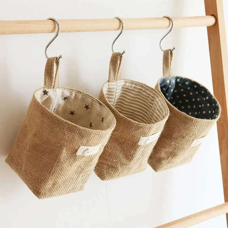 Storage basket in jute cotton and linen with handle
