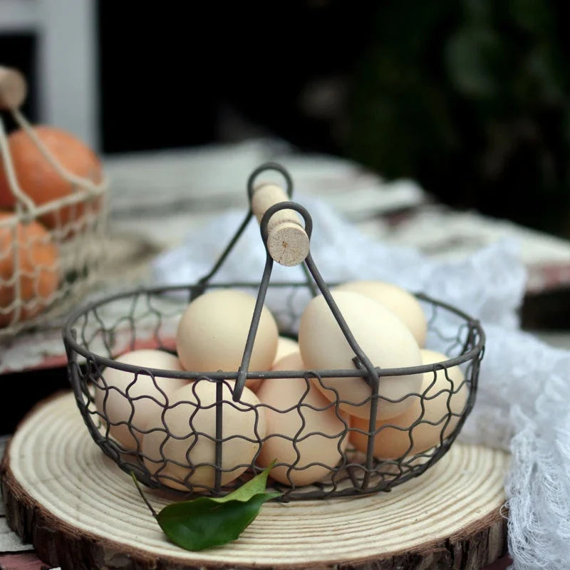Retro metal basket with multifunction wooden handle for storage - view 3