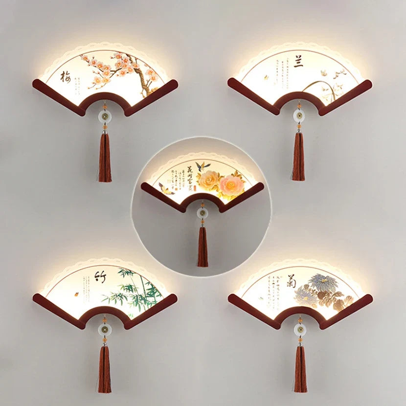 Japanese retro style wooden wall sconce fan LED