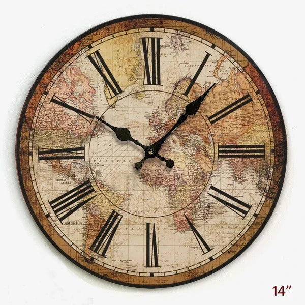 Vintage wall clock with decorative world map in wood - Ancien / 14 pouces