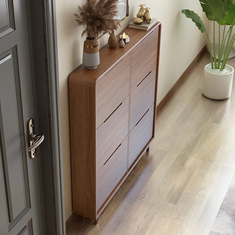 Minimalist vintage wooden shoe shelf and space gain