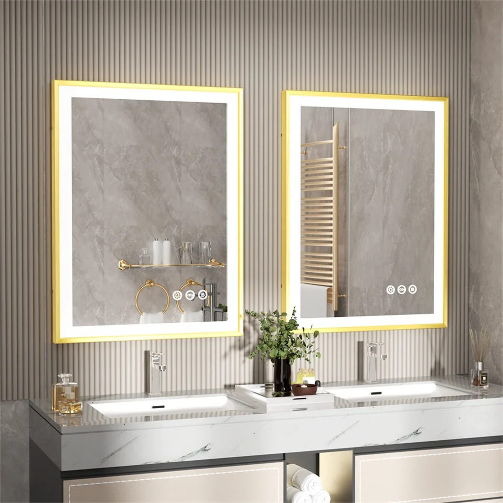 Illuminated mirror with golden frame and three-colored anti-fog led lights - view 4