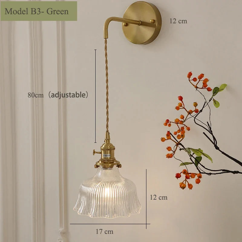 Vintage glass wall sconce with brass socket - B3