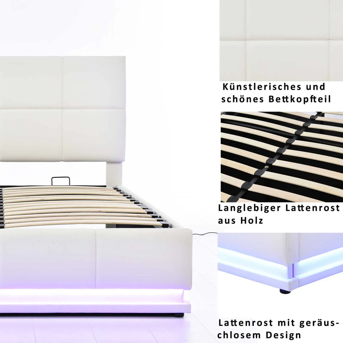 PU Leather White Upholstered Bed 140x200cm Double Bed with LED Lighting Underbed Storage Space, Bed Frame with Slatted Frame - view 2