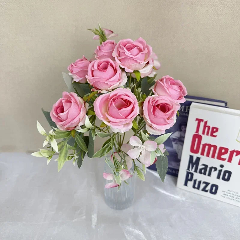 9-Head Artificial Silk Rose Bouquet, Purple Pink Heart and White - view 6