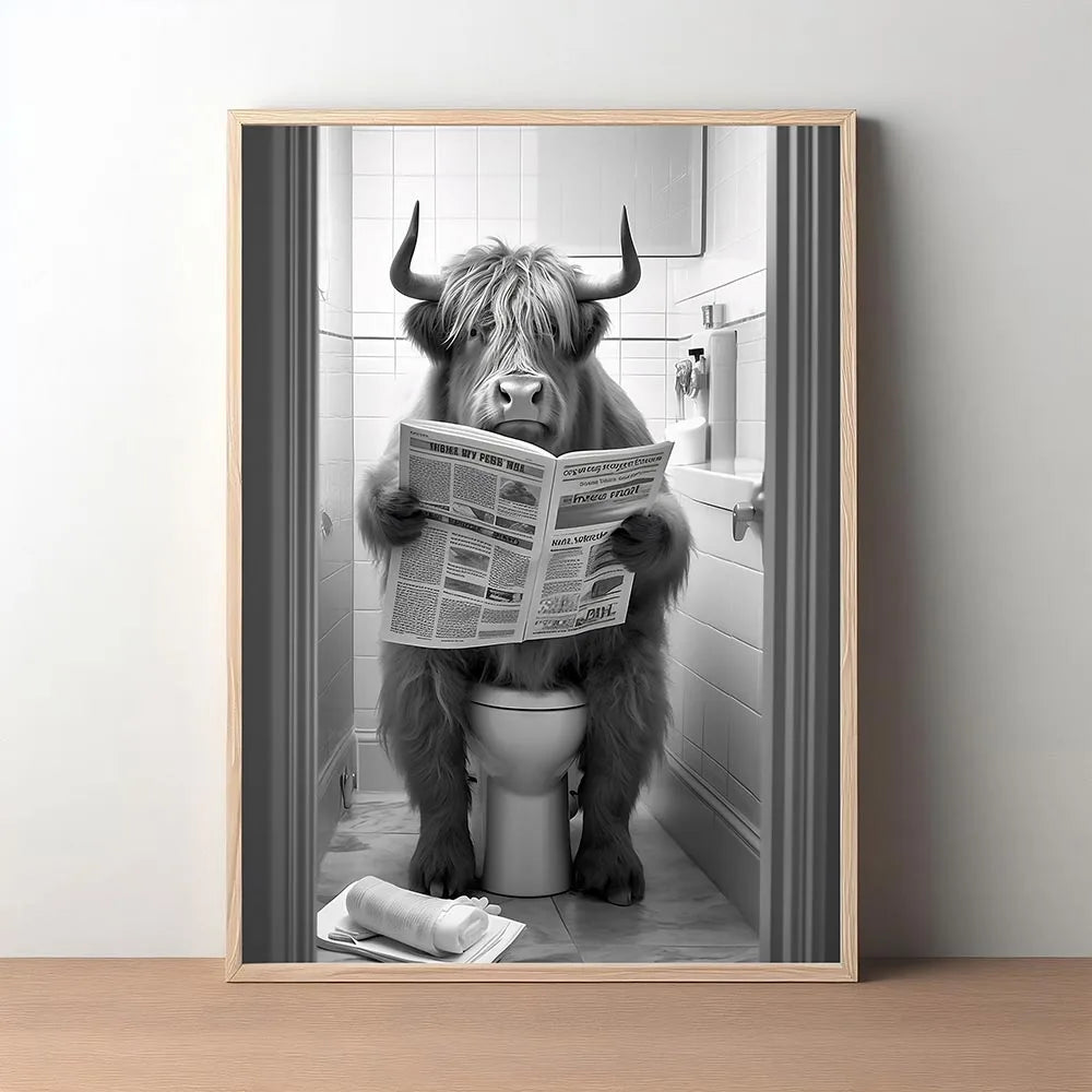 Animal On the Toilet Canvas Painting, Funny Bathroom Wall Art Pictures Prints, Black And White Animal Poster, Home decor Murals - Yellow / 20x30cm Unframed