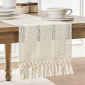 Macrame table runner bohemian ivory woven fringes - 30x120cm