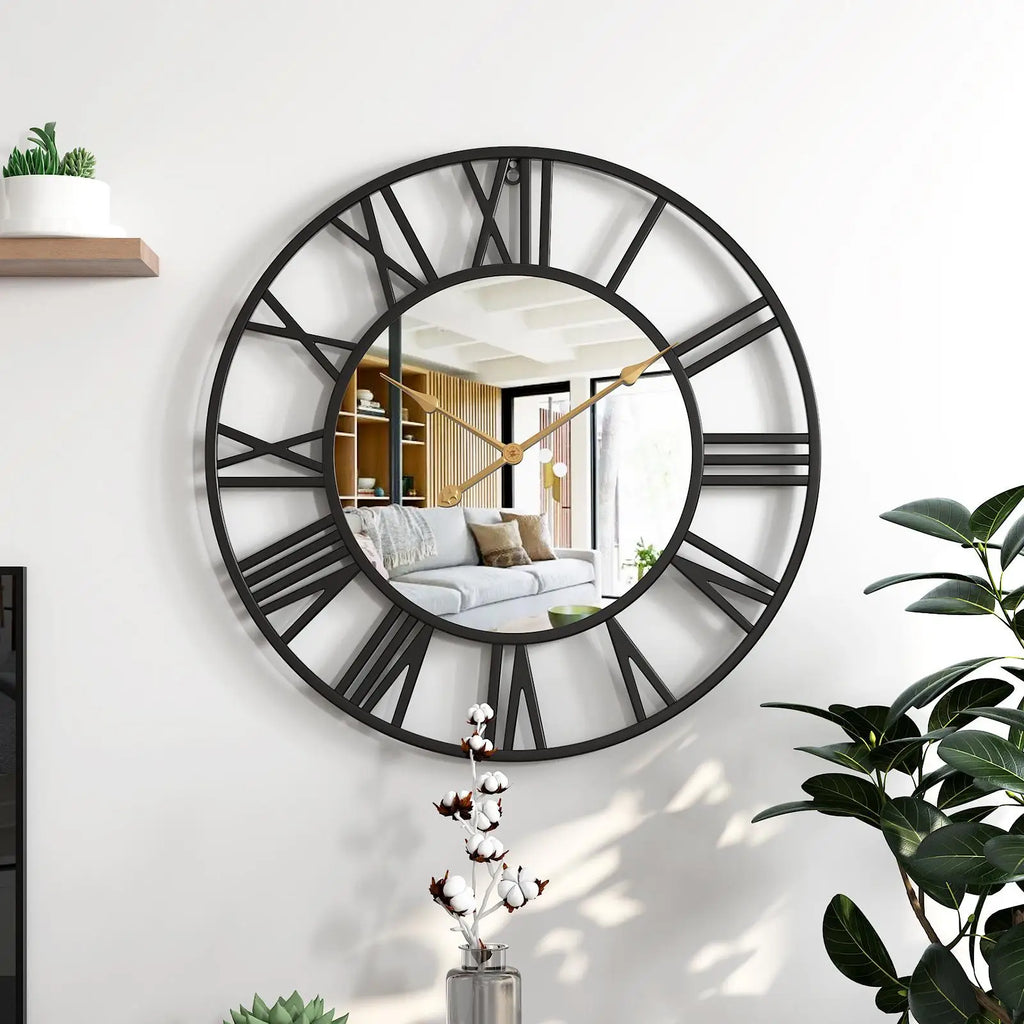 Decorative wall clock with 12 hours display and Roman numerals - Black