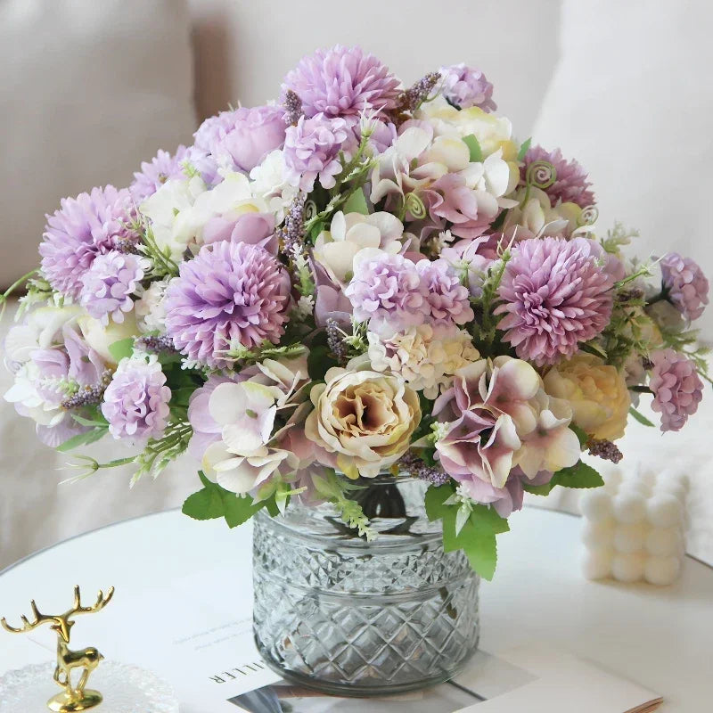 Bouquet of artificial peonies hortensias for festive decoration
