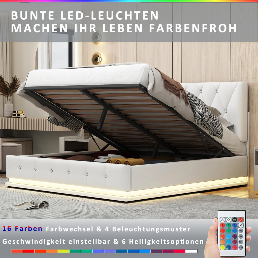 White Upholstered Bed, 140x200cm Double Bed, with Slatted Frame Artificial Leather Cover LED Lighting Hydraulically Liftable Bed - view 3