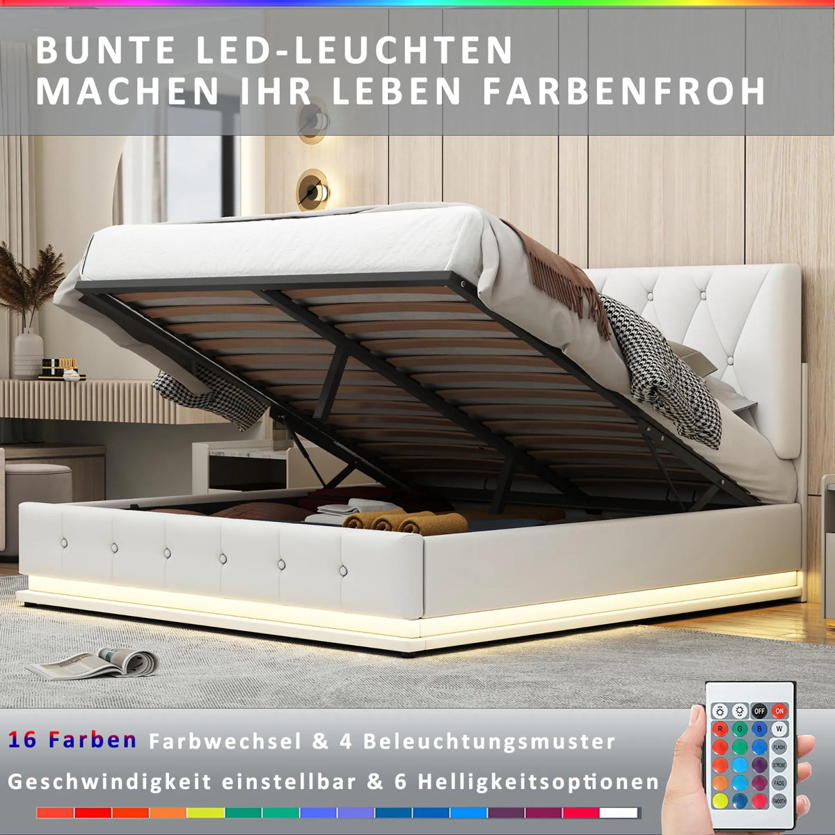 White Upholstered Bed, 140x200cm Double Bed, with Slatted Frame Artificial Leather Cover LED Lighting Hydraulically Liftable Bed - view 3