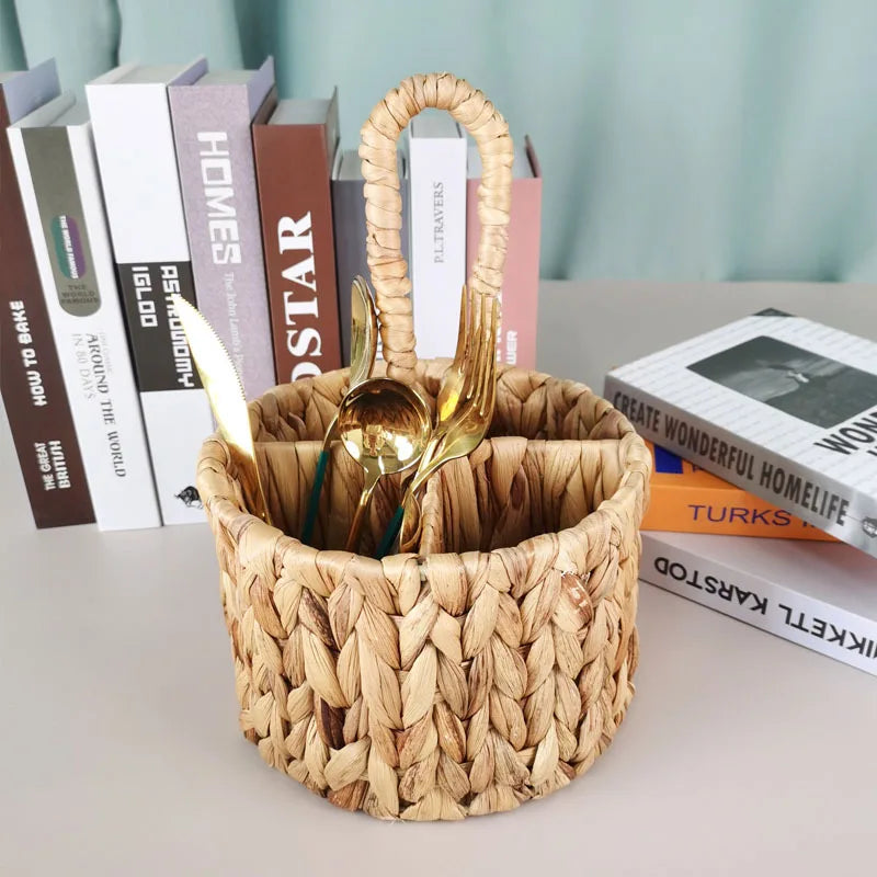 Wicker Flatware Organizer, Hand Woven Water Hyacinth Cutlery Holder for Countertop with Handle - view 4