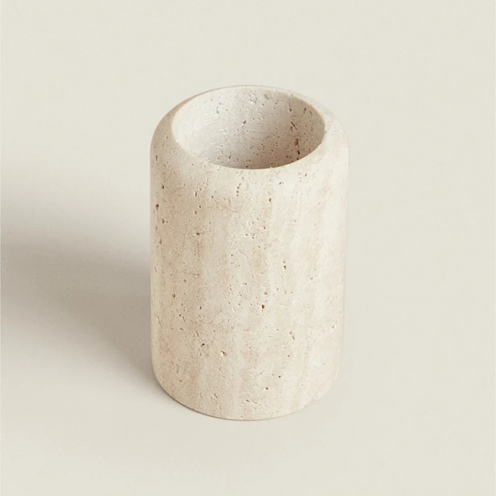 Natural Beige Travertine Marble Stone Toothbrush Washing Storage Cup, Small Vase, Ornaments, Yellow, Tray, D7.5 X H12 cm - 7.5 x 12 x 7.5 cm
