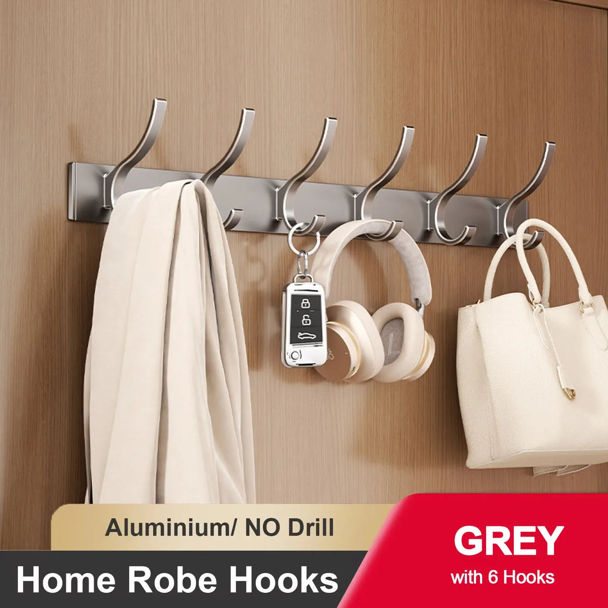 Wall adhesive hook for clothes and towels without drilling - Gray 6 Hooks