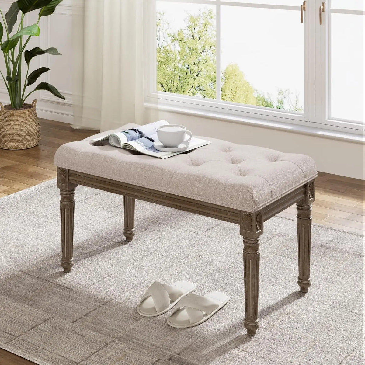 Beige Bench for Dining Room Table, Upholstered Vanity Stool Piano Bench Makeup Stool with Rustic Wood Vanity Stool Foot Rest - view 2