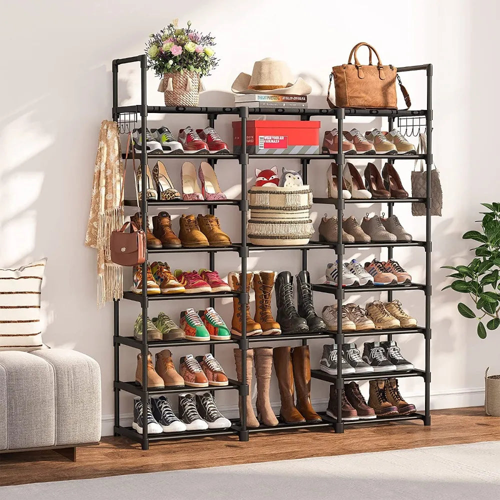 Metal shoe shelf with coat holder and integrated hooks
