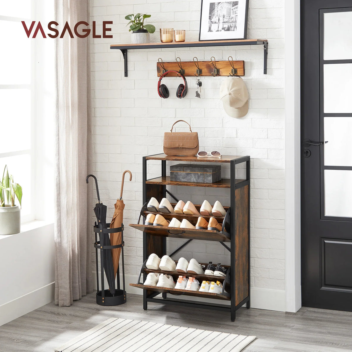 VASAGLE Shoe Cabinet with 2 Flip Doors, Hallway Shoe Storage Rack with Open Compartment, Internal Dividers, for 8-12 Pairs