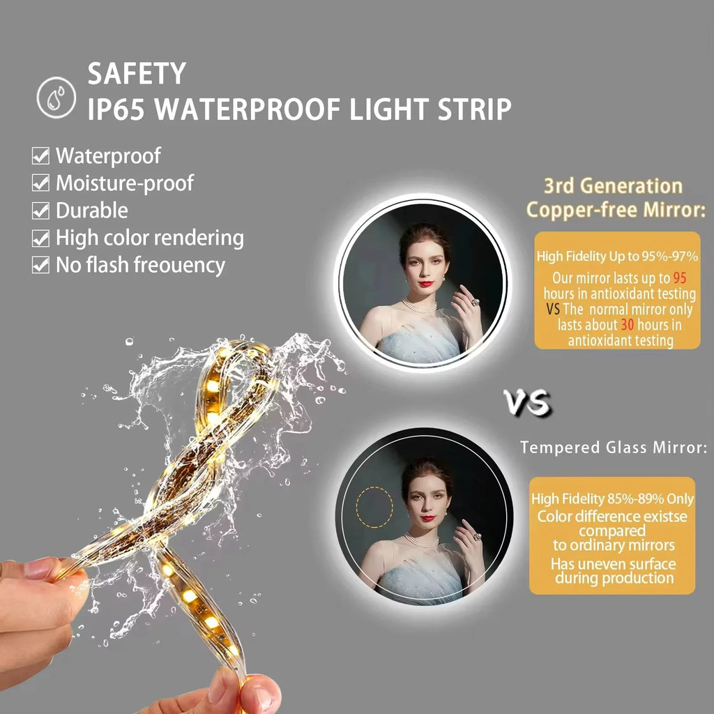 Smart LED Bathroom Mirror, Round Mirror Surface, Wall Mounted Makeup Mirror, Touch  Adjust Brightness, Safer Gift Box Packaging - view 5