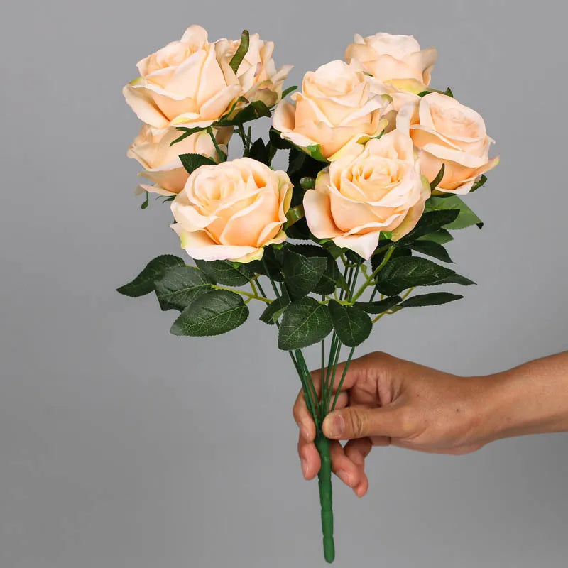 9-Head Artificial Silk Rose Bouquet, Rosé Champagne and Violet - view 2