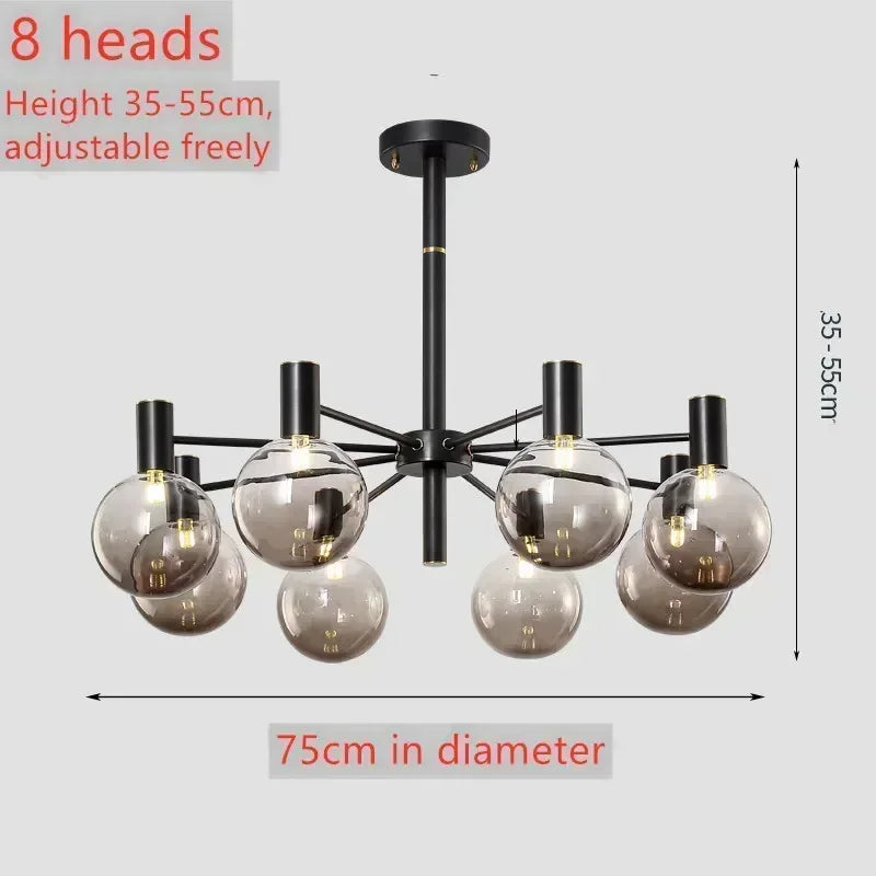 Nordic minimalist pendant light in glass for modern decoration - black 8 heads / coffee / neutral light