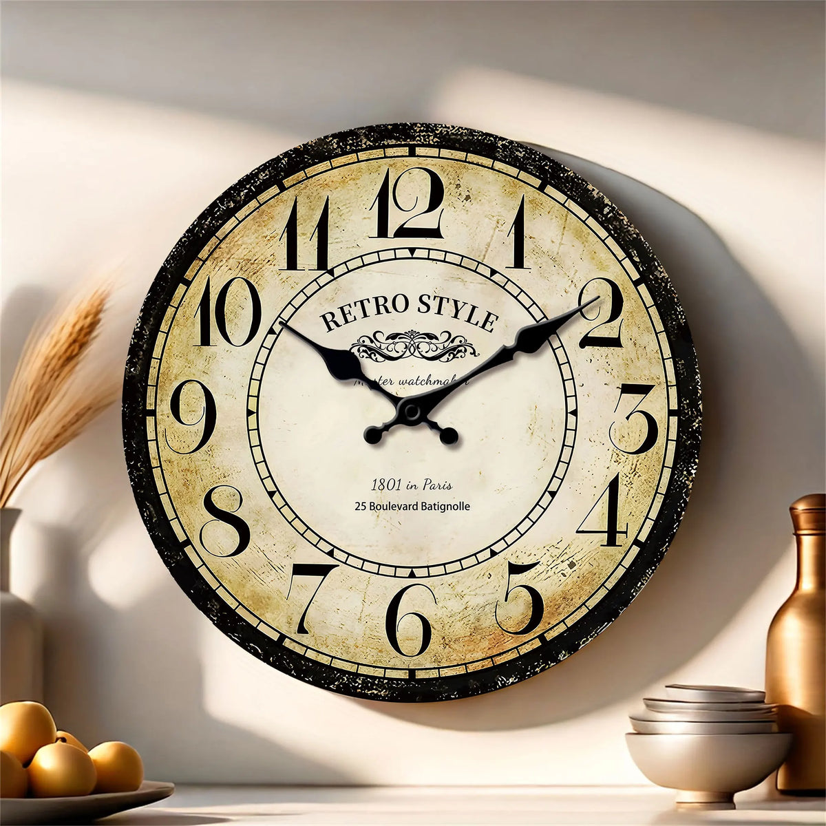 1pc retro wooden wall clock, wall clock designed by Paris watchmaker, non-ticking round silent clock, suitable for living room b - view 2