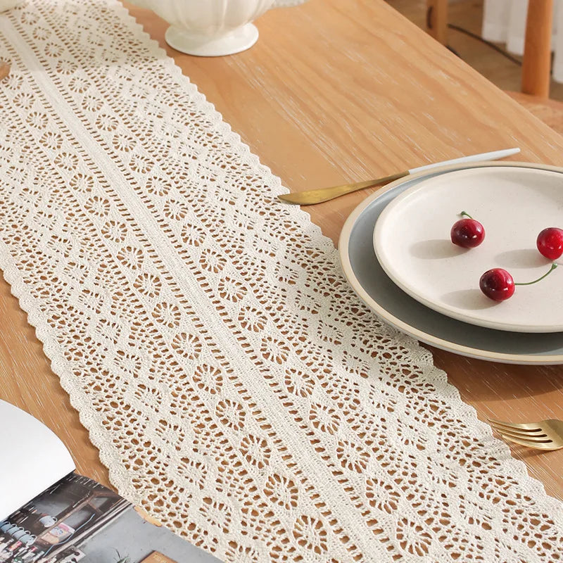 Lace table runner crochet beige vintage pom-poms - view 4