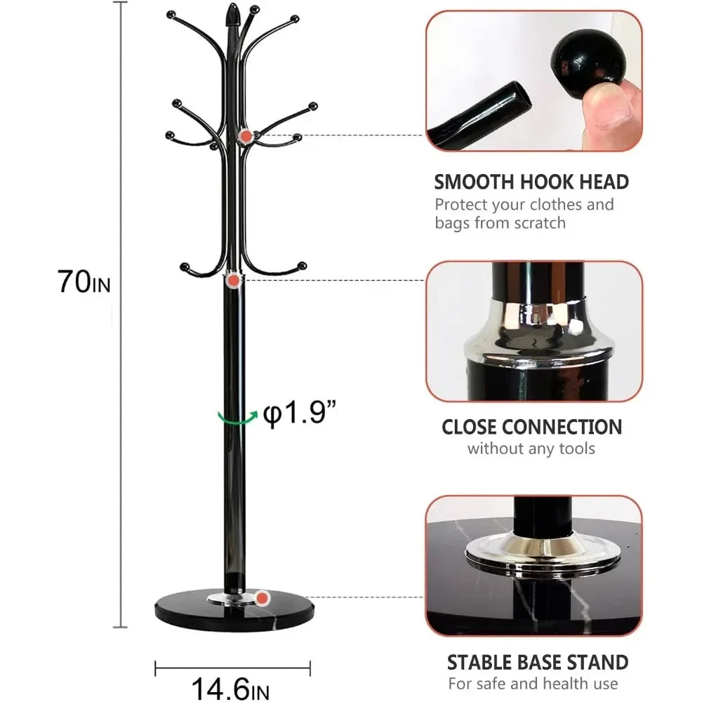 Marble-Base Metal Coat Rack, 12-Hook Hall Tree, Style One - view 6