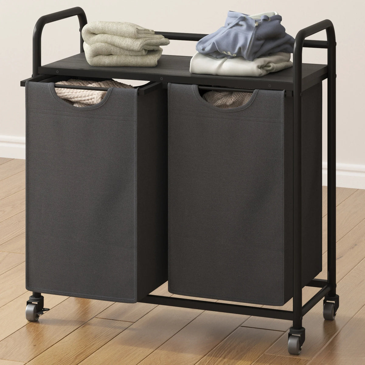Laundry Basket, 2 Compartments, 2 x 46L, Laundry Hamper with 1 Shelf, Laundry Sorter, Laundry Bag, Extendable and Removable, Per - view 4