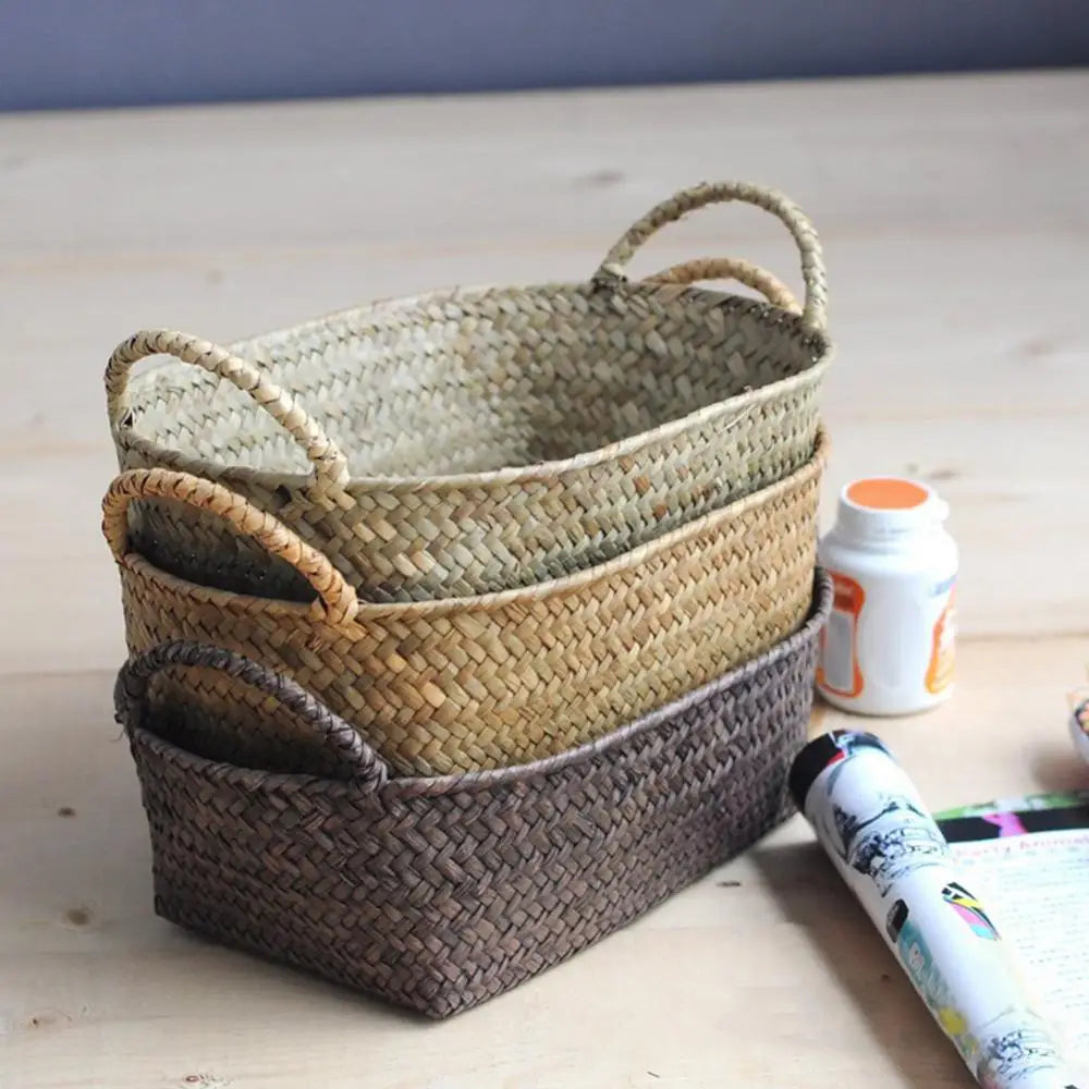 Storage baskets of rattan and braided straw for plants and other objects